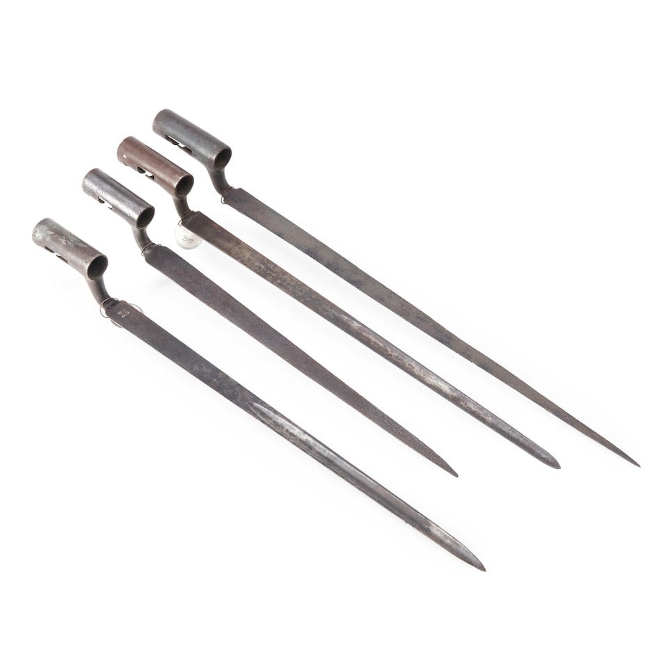 Four American Socket Bayonets,: Four American Socket Bayonets, late 18th/early 19th century. A Model 1814 contract rifle bayonet with 3 in. socket marked '17' and a 16 in. blade marked 'US', overall lg. 19 in. A c. 1794-1816 contrac