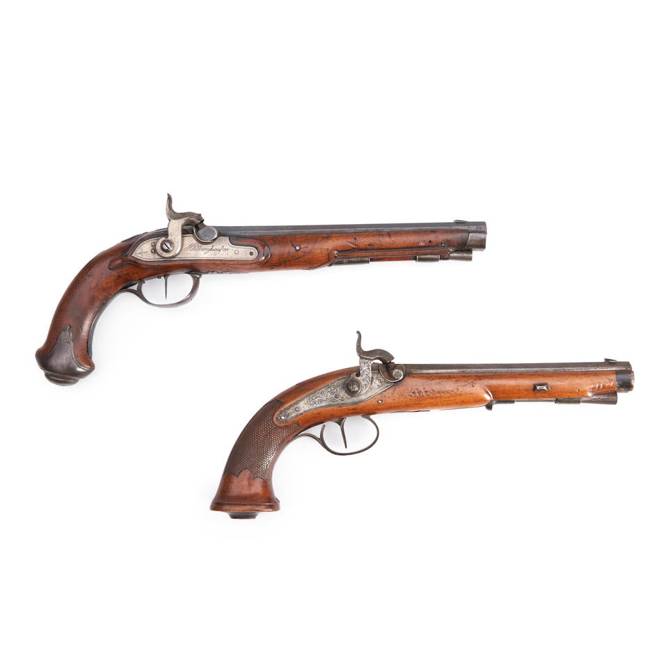 Two European Rifled Percussion Pistols,: Two European Rifled Percussion Pistols, second quarter of the 19th century. Including a pistol with a 9 1/2 in., .54 caliber octagonal blued barrel with foliate scroll inlay on the top reading 'Anton 