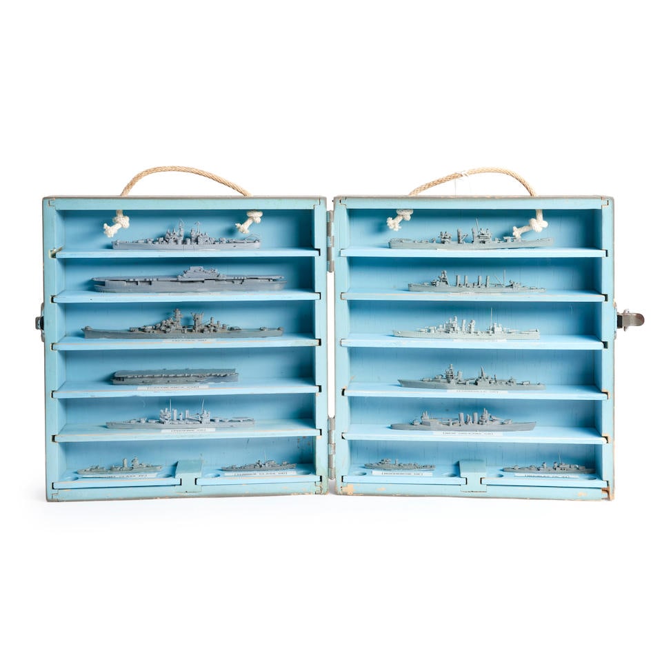 Cased Set of World War II U.S. Navy Ship Identification Models Supplement I,: Cased Set of World War II U.S. Navy Ship Identification Models Supplement I, 1944. The gray-painted case marked on the top 'U.S. NAVY MINIATURE U.S. SHIP MODELS MARK I SUPPLEMENT I' containing fourtee