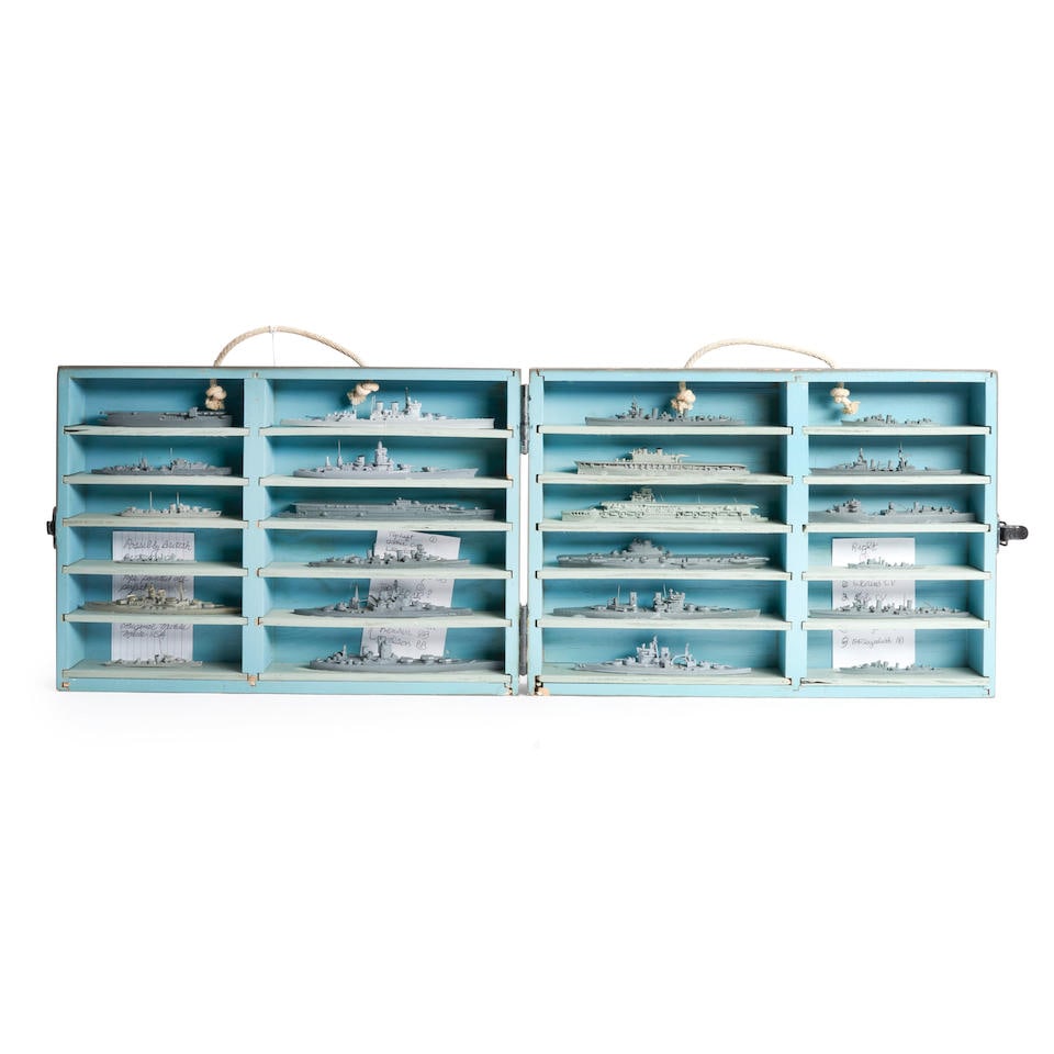Cased Set of World War II British and French Naval Ship Identification Models,: Cased Set of World War II British and French Naval Ship Identification Models, 1943. The gray-painted case marked on the top 'U.S. NAVY MINIATURE BRITISH & FRENCH SHIP MODELS MARK I SUPPLEMENT I' open