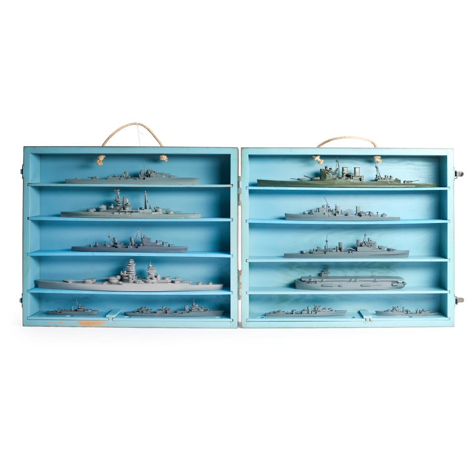 Cased Set of World War II British and French Ship Identification Models.: Cased Set of World War II British and French Ship Identification Models. The gray-painted case marked 'FRENCH SHIP MODELS SUPPLEMENT' holding twelve models within. Case open wd. 44 in. For further inf