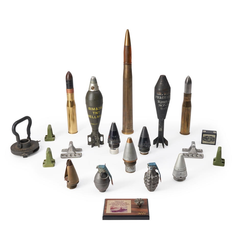 Twenty Artillery Shells, Fuzes, Fuze Setter, Tie Downs, and Inert Grenades. (1 of 1)