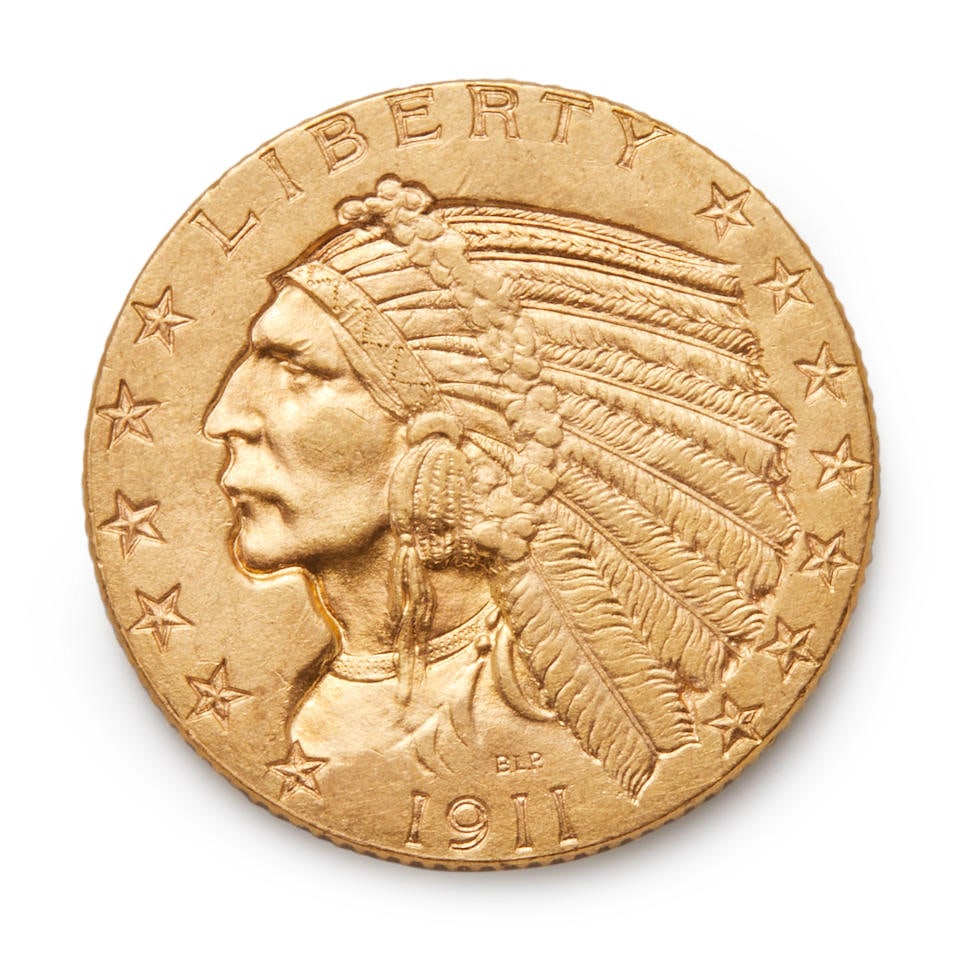 United States 1911-S Indian Head $5 Half Eagle Gold Coin. (1 of 2)