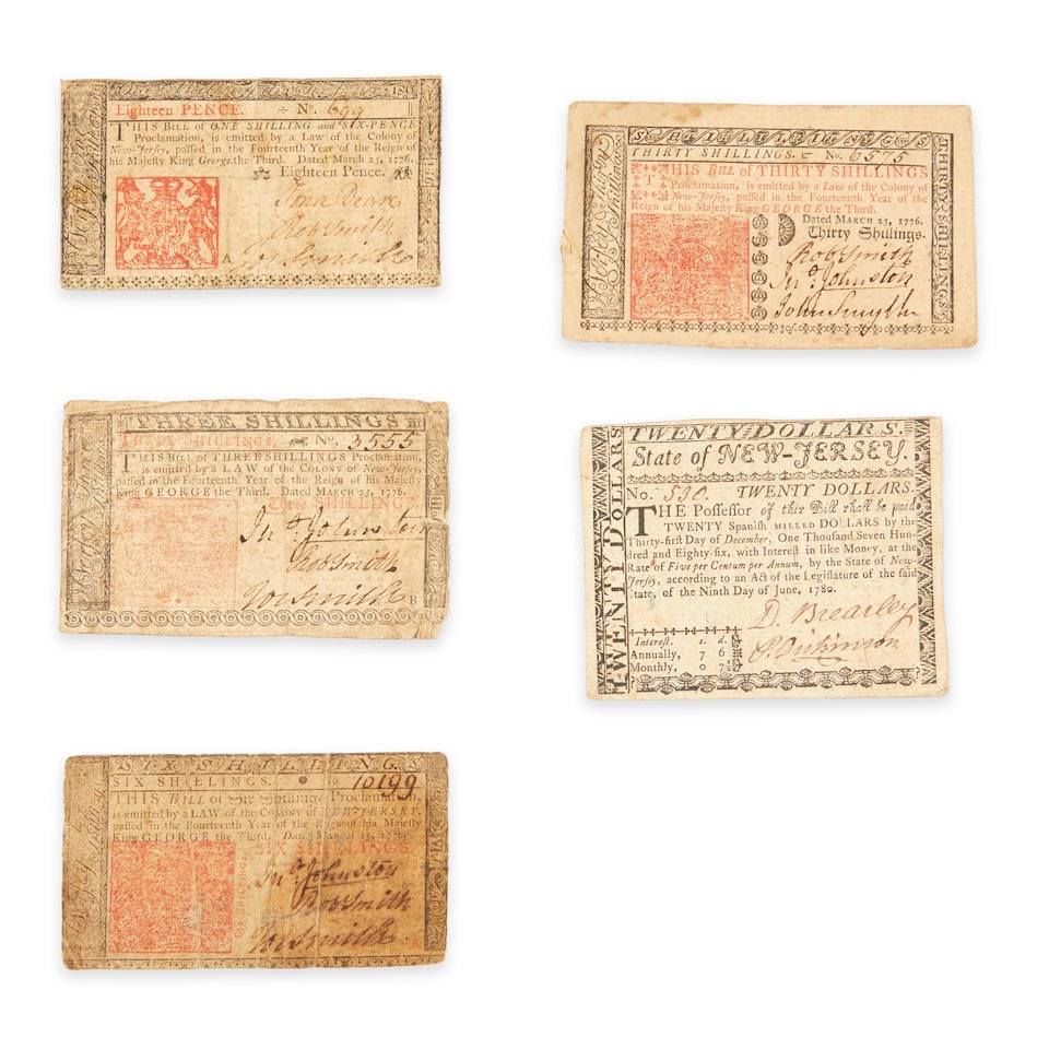 Five Colonial New Jersey Currency Notes.: Five Colonial New Jersey Currency Notes. Eighteen Pence, March 25, 1776, #699, signed by Jonathan Deare, Robert Smith and Joseph Smith. Three Shillings, March 25, 1776, #3555, signed by Jonathan Johns