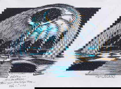 Set of 2 Sketches for the 70th and 71st Academy Awards from Production Designer Roy Christopher.: Set of 2 Sketches for the 70th and 71st Academy Awards from Production Designer Roy Christopher. 1998/1999. Set of 2 sketches for the look and style of design for the 70th and 71st Academy Awards