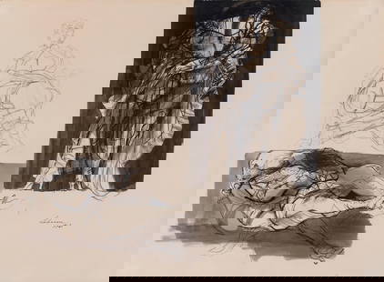 Rico Lebrun (1900-1964), Three figure studies, Inscribed l/r: Lebrun 1961, Pencil and ink on pap...: Rico Lebrun (1900-1964), Three figure studies, Inscribed l/r: Lebrun 1961, Pencil and ink on paper, 22 x 30 inches Lot to be sold without reserve. For further information on this lot please visit