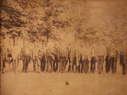 [HARRISON, BENJAMIN. 1833-1901.]: [HARRISON, BENJAMIN. 1833-1901.] Imperial albumen print photograph, 6 ½ by 9 inches, of Harrison posing outdoors with judge, attorneys, and jury members in a disputed will case, some fading to