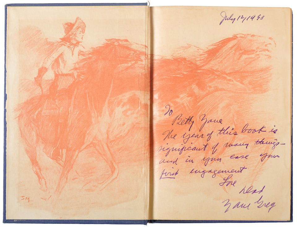GREY, ZANE. 1872-1939 Group of 5 volumes signed & inscribed on the front free endpaper to his da... (1 of 1)