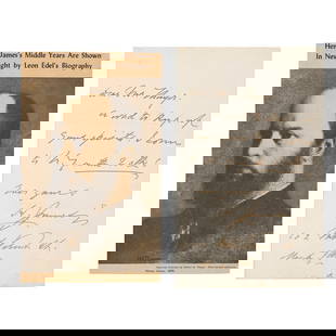 JAMES, HENRY. 1843-1916: JAMES, HENRY. 1843-1916 Autograph Note Signed ('H James'), 1 p (with conjoining blank leaf), 8vo, [Boston], March 7, [1882], to Mr. Thayer, announcing his arrival in New York, creased, soiled,