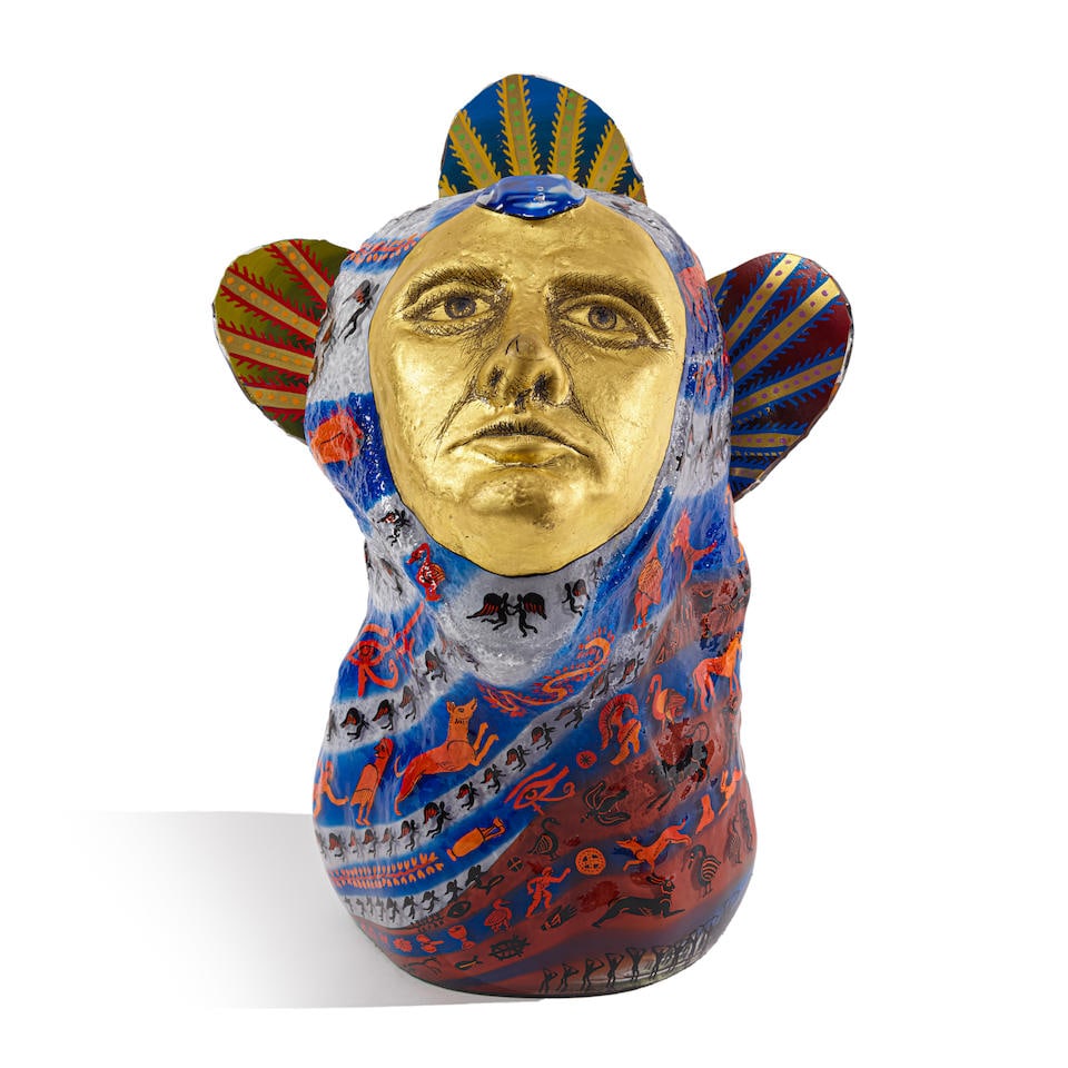 A ROBERT CARLSON BLOWN GLASS, ENAMEL, GOLD LEAF, MIRROR AND MASTIC SCULPTURE: APOLLORobert Carls...: A ROBERT CARLSON BLOWN GLASS, ENAMEL, GOLD LEAF, MIRROR AND MASTIC SCULPTURE: APOLLO Robert Carlson (born 1952), 1994 height 19 1/4in (49cm) Lot to be sold without reserve. For further information on