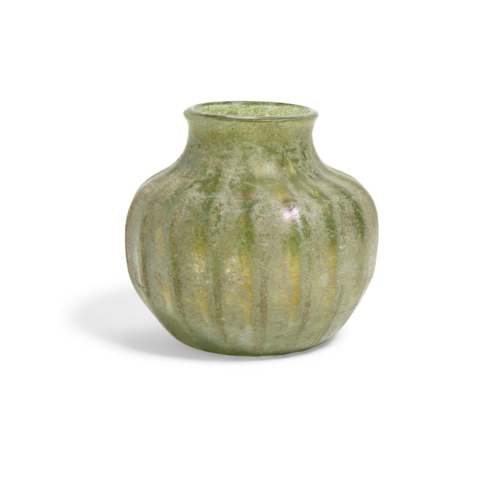 A TIFFANY STUDIOS STYLE IRIDESCENT GREEN GLASS VASE 20th centuryheight 9in (23cm); width 9 3/4in... (1 of 1)