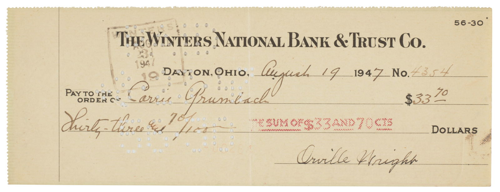 ORVILLE WRIGHT CHECK WRITTEN ON HIS LAST BIRTHDAY. WRIGHT, ORVILLE. 1871-1948. Check Signed ('Or... (1 of 2)