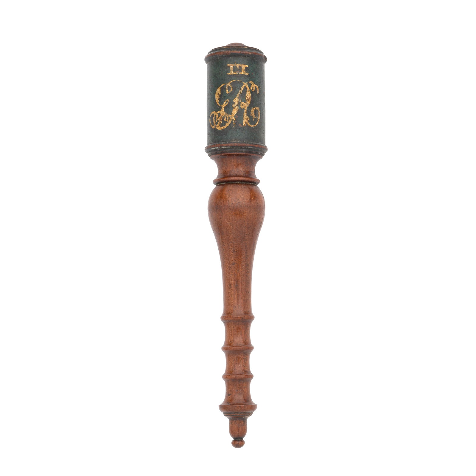A George III Tipstaff: A George III Tipstaff Early 19th Century Of hardwood and of mallet form, the barrel-shaped head painted in polychrome and gilt against a dark green ground with 'GRIII' cypher on one side and a crown o