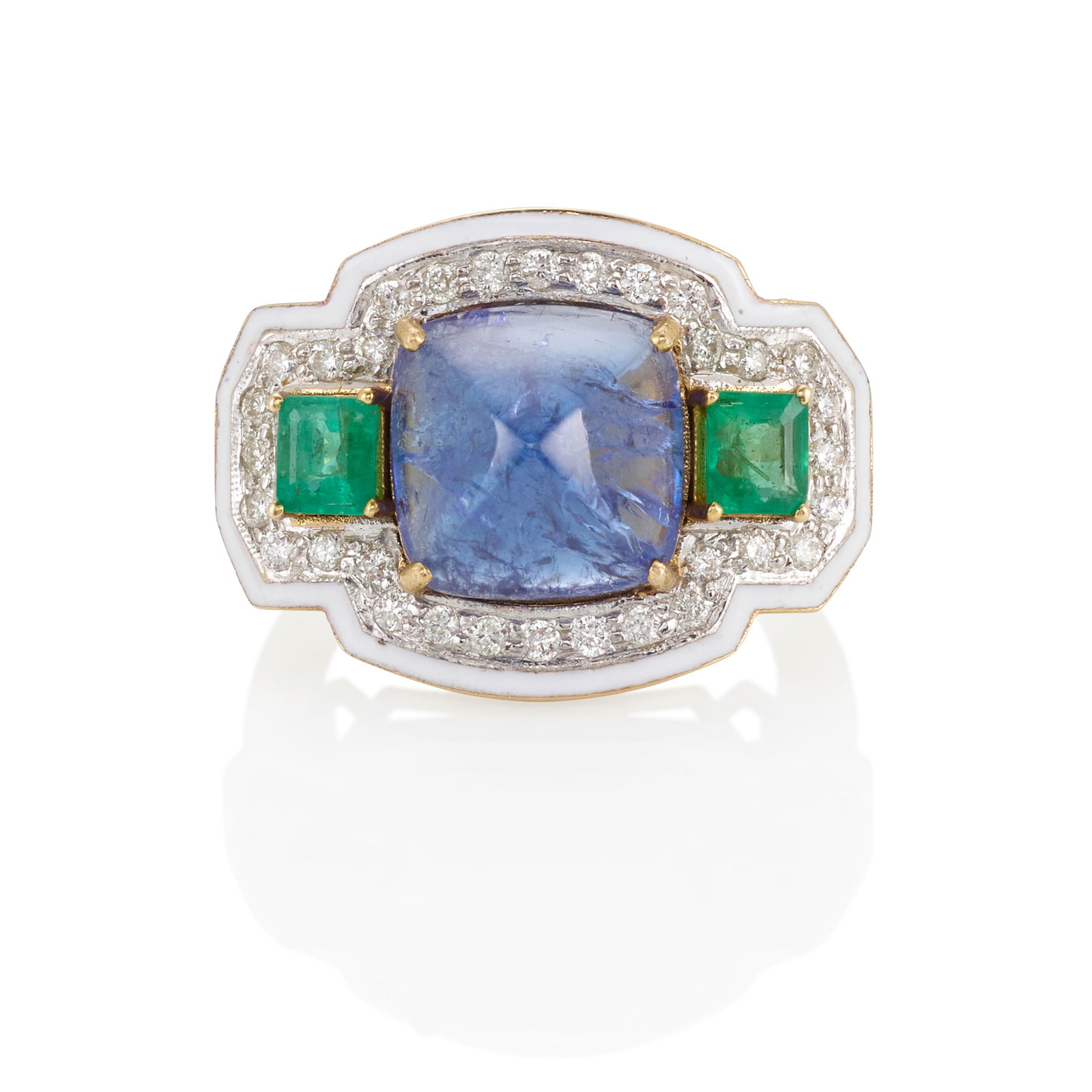 A 14K GOLD, TANZANITE, EMERALD, DIAMOND AND ENAMEL RING (1 of 3)