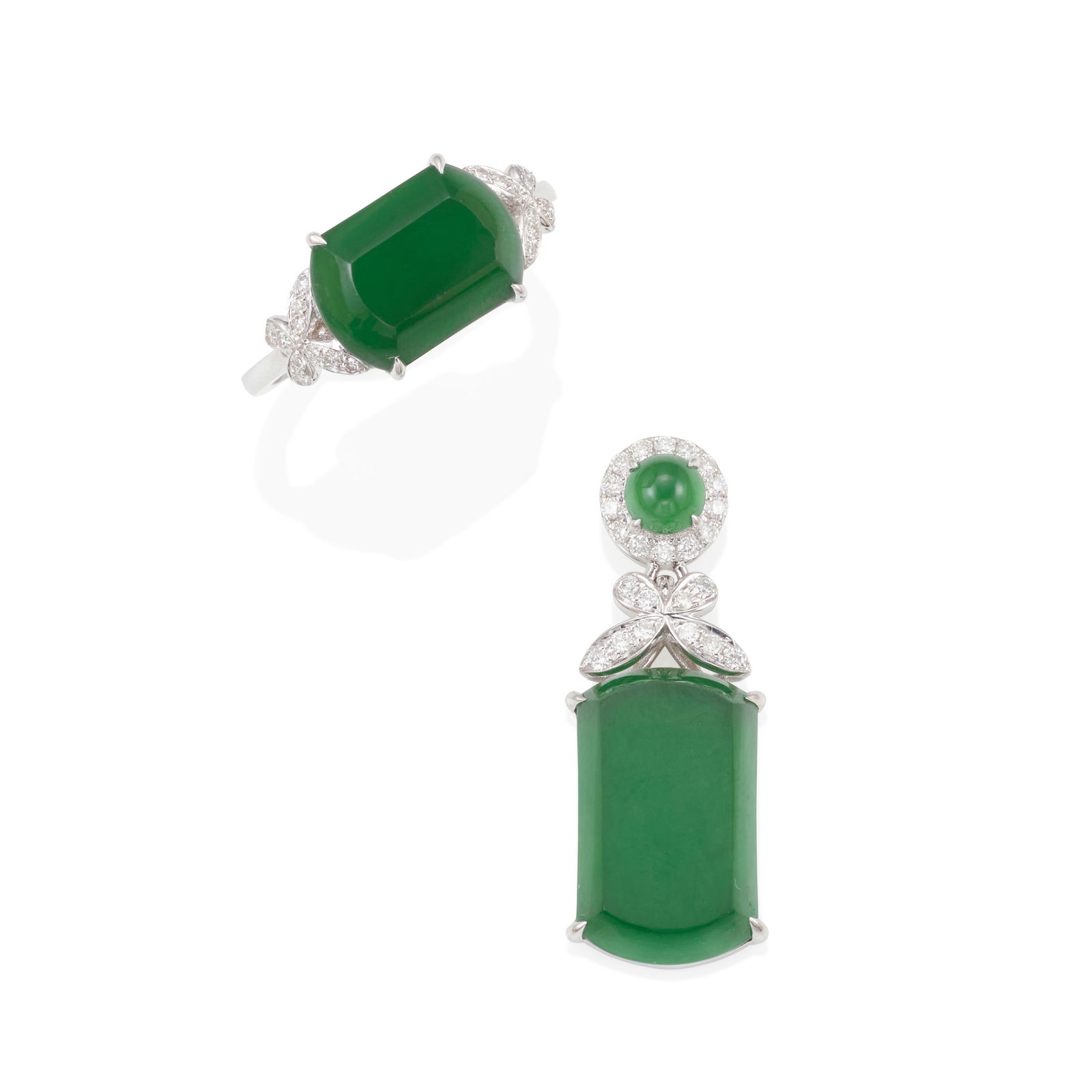 AN 18K WHITE GOLD, JADE AND DIAMOND PENDANT AND RING SET (1 of 1)