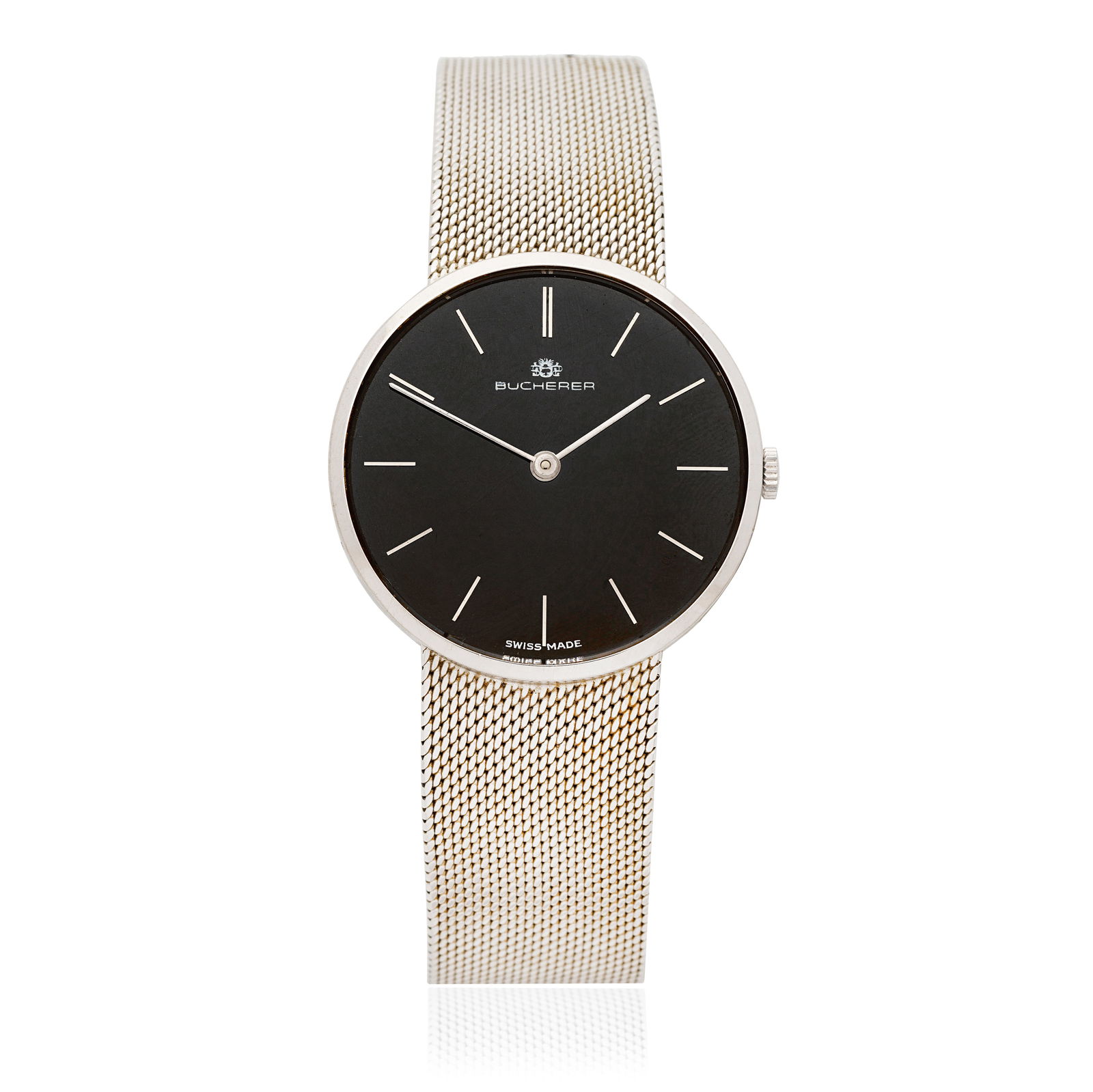 Chopard for Bucherer. An 18K white gold manual wind bracelet watch Ref: 1013, Circa 1980: Chopard for Bucherer. An 18K white gold manual wind bracelet watch Reference: 1013 Date: Circa 1980 Movement: 17-jewel manual wind Dial: Black, applied polished baton hour markers, polished pointed ba