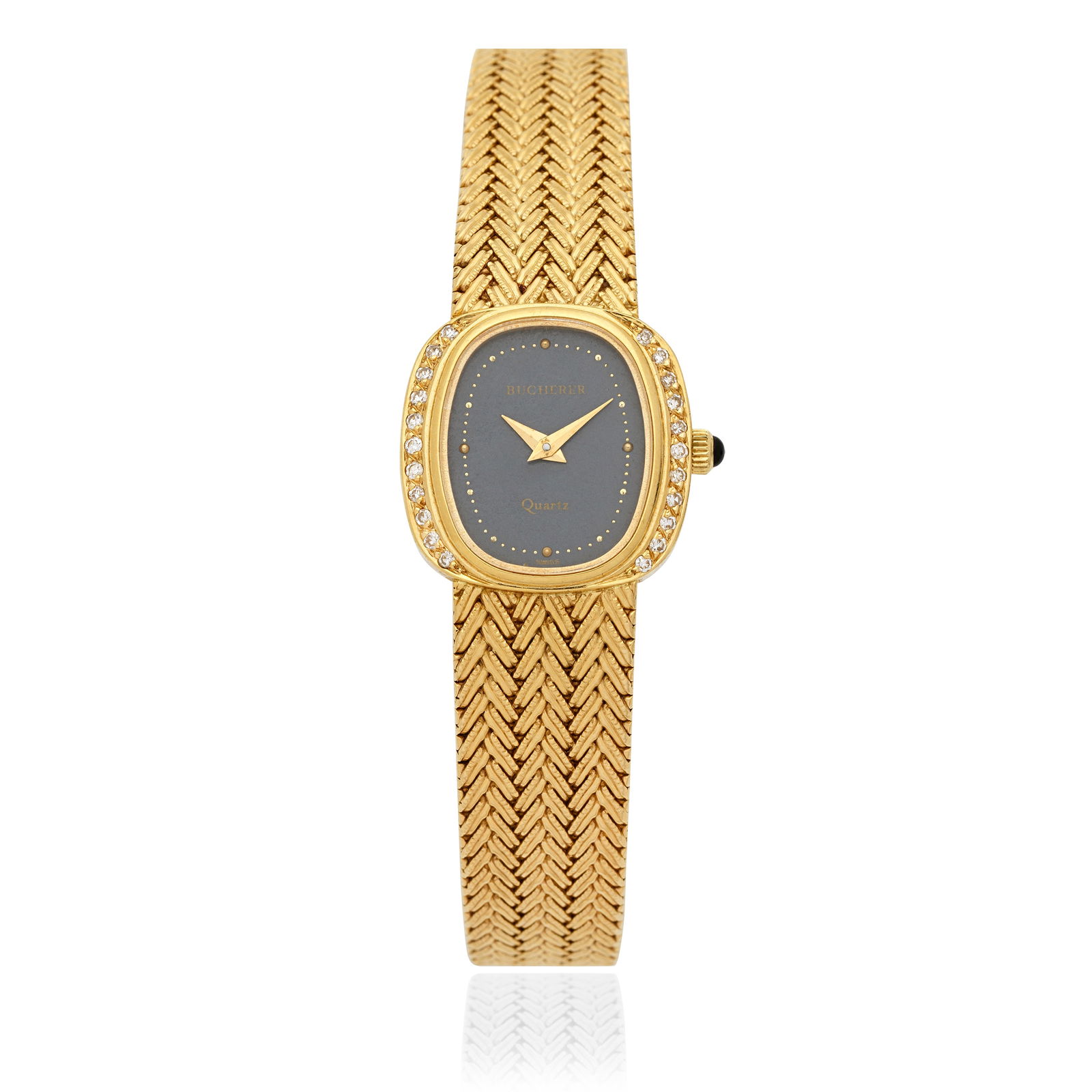 Bucherer. A lady's 18K gold diamond set quartz bracelet watch Circa 1990: Bucherer. A lady's 18K gold diamond set quartz bracelet watch Date: Circa 1990 Movement: 6-jewel ETA Cal.978.002 quartz Dial: Slate grey, applied gilt dot hour markers and minute divisions, gilt lance