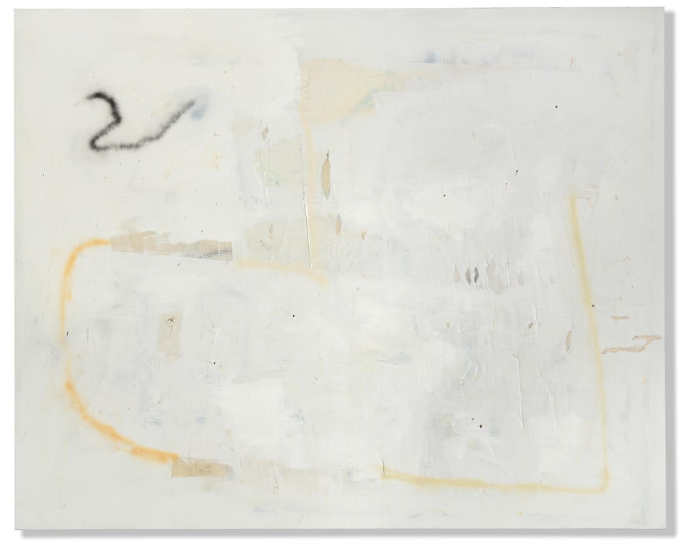 DAVID OSTROWSKI (B. 1981) F (Just do it) 2012: DAVID OSTROWSKI (B. 1981) F (Just do it) 2012 signed and dated 12 on the reverse oil, lacquer, spray paint and paper on canvas 240 by 301 cm. 94 1/2 by 118 1/2 in. Footnotes: Provenance Peres Projects