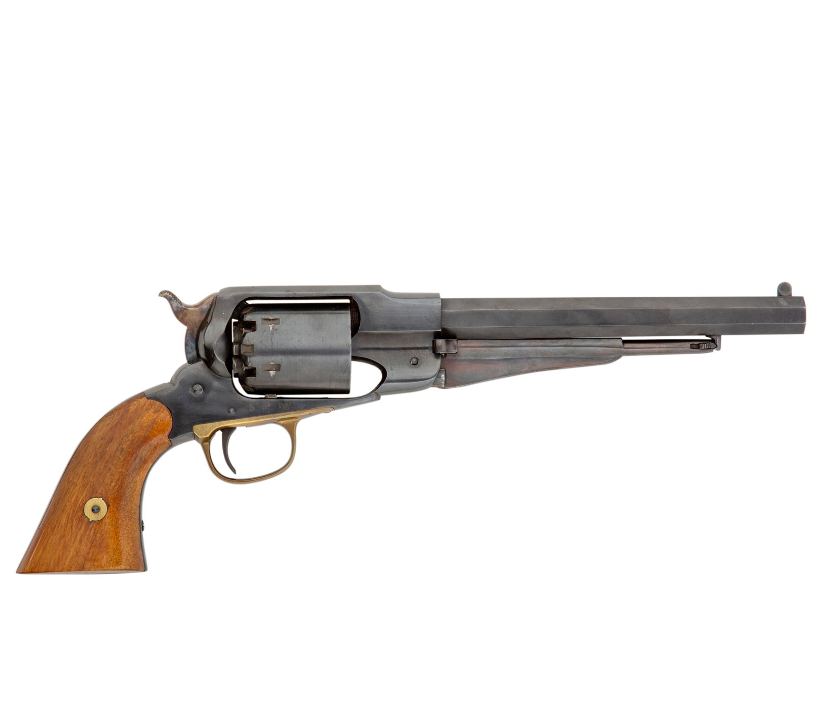 A .44 percussion revolver by The Navy Arms Co., no. 7744: A .44 percussion revolver by The Navy Arms Co., no. 7744Blued frame and octagonal barrel, with blade-foresight, notched rear sight in the hammer, plain cylinder, two-piece wooden grips8in. barrel, Ita