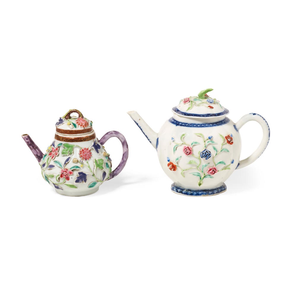 Two Chinese Export Porcelain Famillerose Molded Teapots And Covers