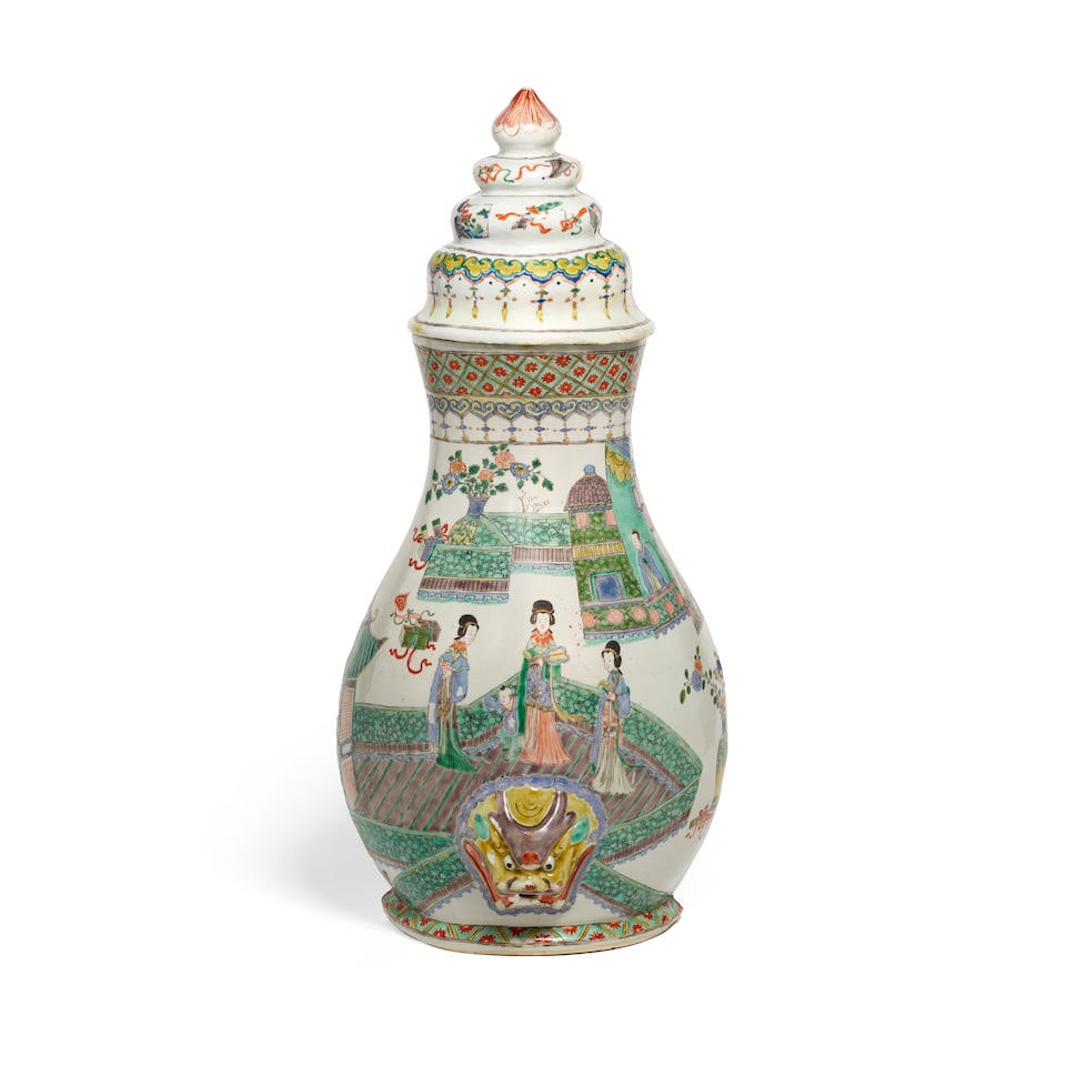 A CHINESE EXPORT PORCELAIN FAMILLE-VERTE 'FIGURAL' COVERED WALL FOUNTAIN Kangxi Period (1 of 3)
