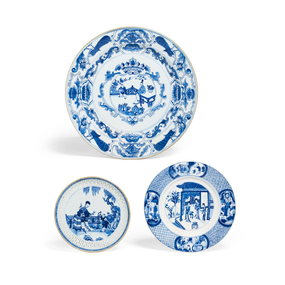 A GROUP OF THREE CHINESE EXPORT PORCELAIN BLUE AND WHITE 'FIGURAL' DISHES Kangxi Period (3) (1 of 1)