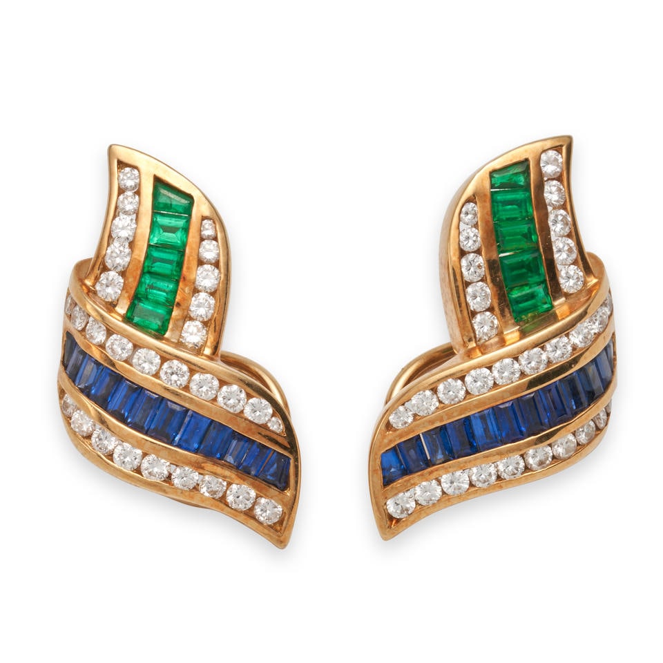 CHARLES KRYPELL: A PAIR OF 18K GOLD, SAPPHIRE, EMERALD, AND DIAMOND EARCLIPS: CHARLES KRYPELL: A PAIR OF 18K GOLD, SAPPHIRE, EMERALD, AND DIAMOND EARCLIPS Set with channel-set sapphires weighing 1.55 carats, and emeralds weighing 0.65 carats, and full-cut diamonds weighing 1.35