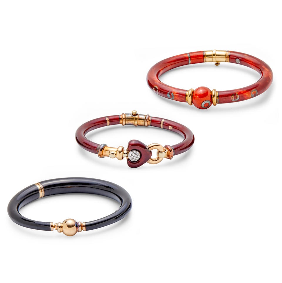 LA NOUVELLE BAGUE: THREE 18K GOLD, STERLING SILVER, AND ENAMEL BANGLE BRACELETS (1 of 3)