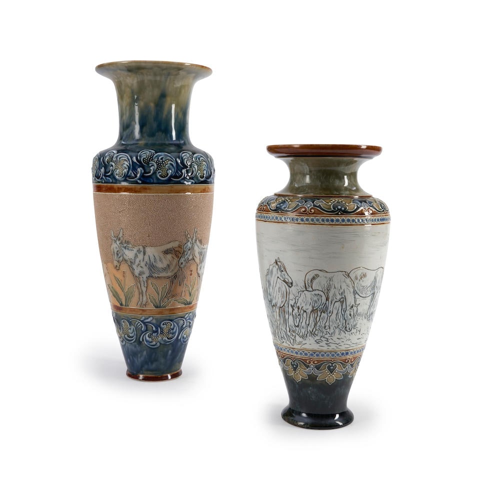 Two Hannah Barlow for Doulton Stoneware Vases, England, both with artist's monogram 'HBB,' vase ... (1 of 3)