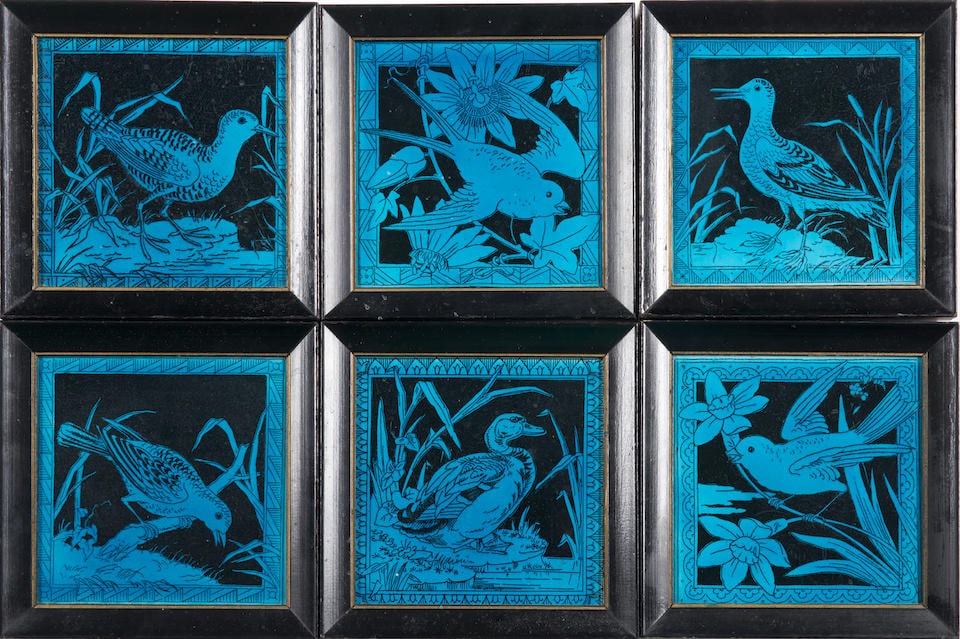 Six Minton Hollins & Co. Bird and Flower Framed Tiles, Stoke-on-Trent, c. 1880, molded maker's m... (1 of 2)
