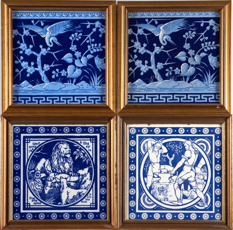 Four Minton Tiles, Stoke-on-Trent, c. 1900, pair of chinoiserie tiles with stork and plum tree i... (1 of 2)