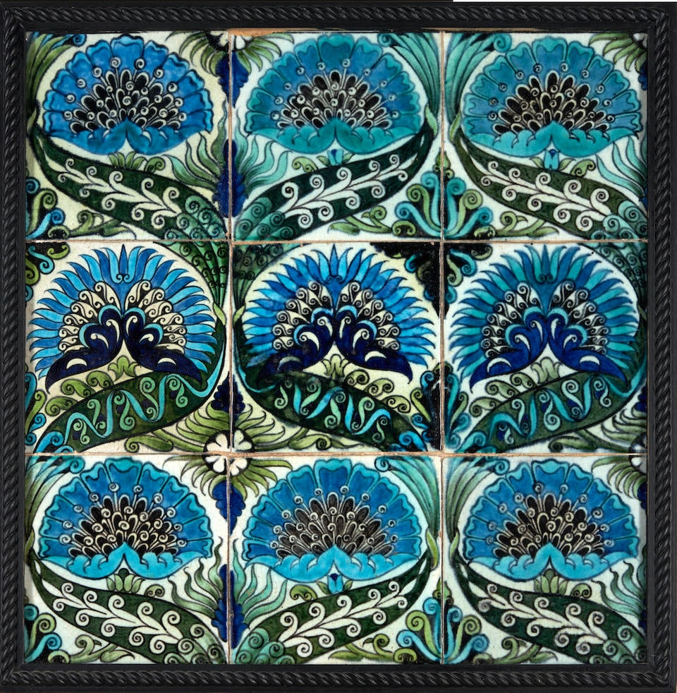 Nine William De Morgan 'Mongolian' Pattern Tiles, England, late 19th century, all tiles 6 x 6, f... (1 of 1)