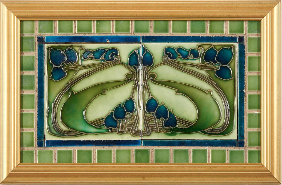 Art Nouveau Floral Tile Panel, probably England, c. 1900, two tiles 6 x 6, half inch wide blue b... (1 of 1)