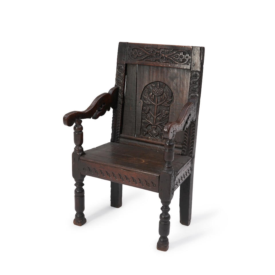Oak Panel Back Wainscot Armchair, English, 16th/17th century, (1 of 2)