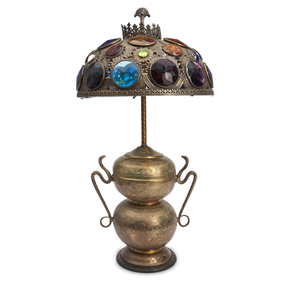 Orientalist Brass Lamp & Faceted Shade, early 20th century, (1 of 1)