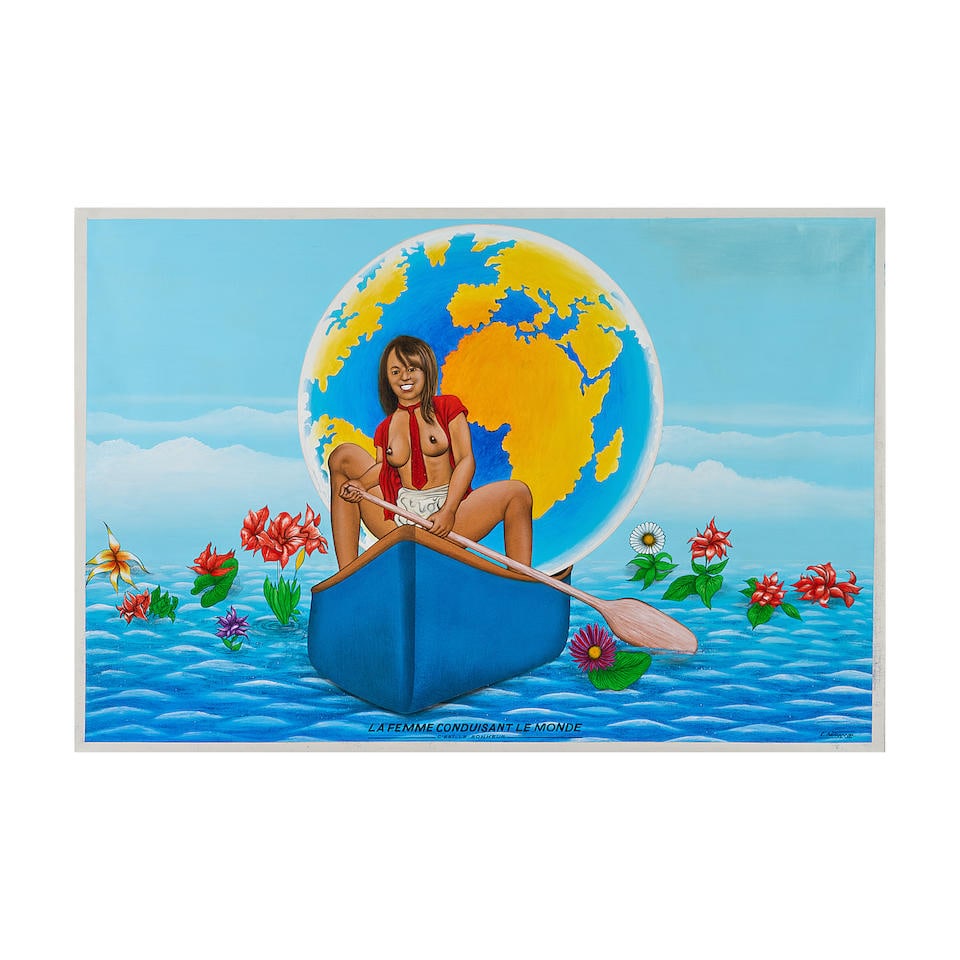 Chéri Samba (République Démocratique du Congo, né en 1956) La femme conduisa...: Chéri Samba (République Démocratique du Congo, né en 1956) La femme conduisant le monde 1999 signé et daté 'Chéri Samba 1999' en bas à droite et titré en b