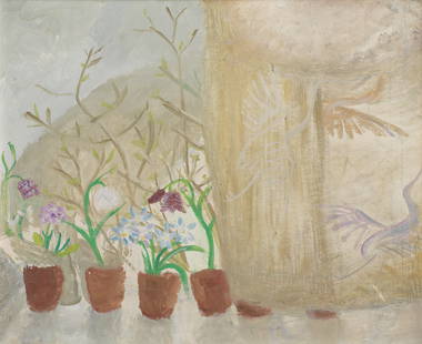 Winifred Nicholson (British, 1893-1981) My Bedroom Window 48.5 x 58.8 cm. (19 1/8 x 23 1/8 in.): Winifred Nicholson (British, 1893-1981) My Bedroom Window signed, titled and dated 'Winifred Nicholson 1973/'My Bedroom Window' (verso) oil on canvasboard 48.5 x 58.8 cm. (19 1/8 x 23 1/8 in.) Footnot