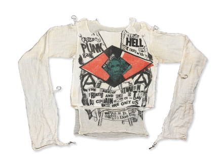 Vivienne Westwood & Malcolm McLaren: An 'Anarchist Punk Gang' Seditionaries Muslin Shirt c.1979/80,: Vivienne Westwood & Malcolm McLaren: An 'Anarchist Punk Gang' Seditionaries Muslin Shirtc.1979/80,in white muslin, front with black, green and red printed design, Malcolm McLaren Vivienne Westwood Sed