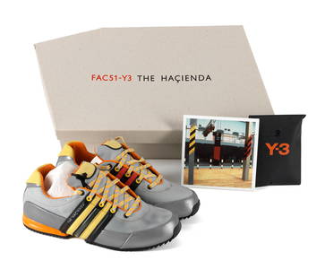 The Hacienda / Factory Records: FAC51-Y3 25th Anniversary Trainers, 2007,: The Hacienda / Factory Records: FAC51-Y3 25th Anniversary Trainers,2007,blue, yellow and silver leather with Hacienda striped laces, edition of 250, designed for Y3 by Peter Saville and Ben Kelly for