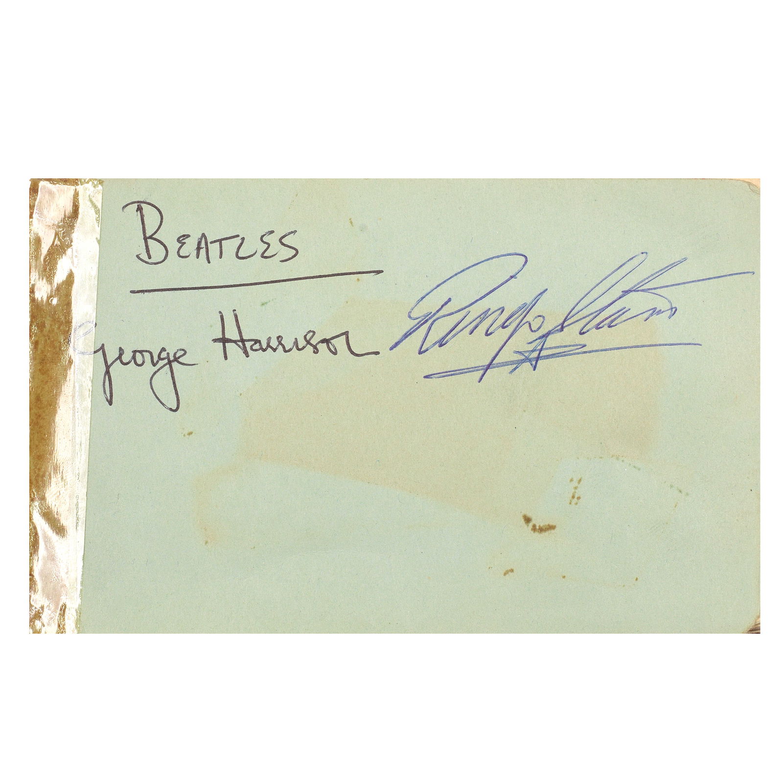 The Beatles/Rolling Stones: An Autograph Book Signed By Various Band Members, 1963/64,: The Beatles/Rolling Stones: An Autograph Book Signed By Various Band Members,1963/64,one page signed in black and blue ballpoints by George Harrison and Ringo Starr, George adding BEATLES, another pag
