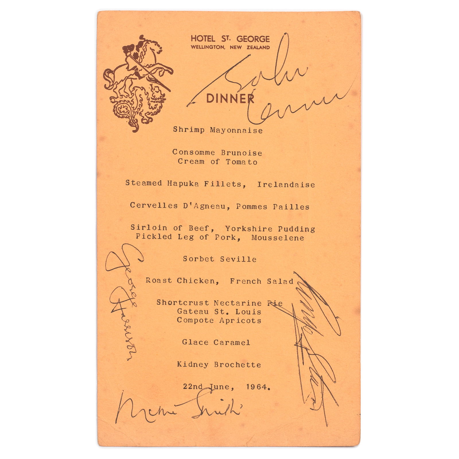 The Beatles: An Unusual Autographed Menu, St. George Hotel, Wellington, New Zealand, 22nd June 1...: The Beatles: An Unusual Autographed Menu, St. George Hotel, Wellington, New Zealand,22nd June 1964,the orange card menu signed in black ballpoint by John Lennon, George Harrison, Ringo Starr and addit