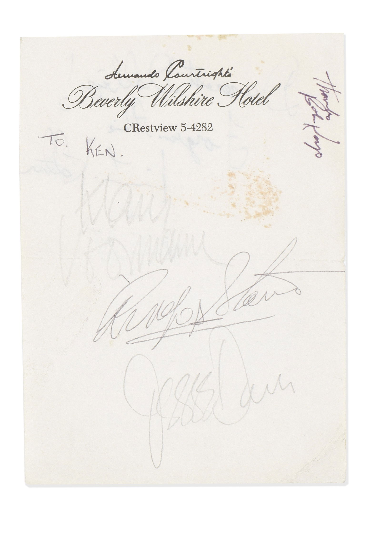 Ringo Starr And Others: Autographs Relating To John Lennon's 'Lost Weekend', 1974,: Ringo Starr And Others: Autographs Relating To John Lennon's 'Lost Weekend',1974,comprising a sheet of Beverly Wilshire Hotel stationery signed in ballpoint, pencil and felt-tip pen by Ringo Starr, Kl
