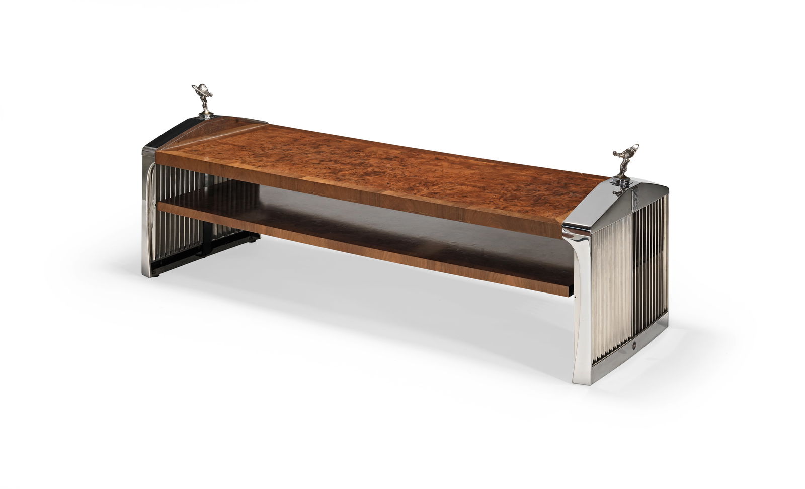 Ringo Starr: An Original ROR (Ringo or Robin) Ltd. Rolls-Royce Table, 1970s,: Ringo Starr: An Original ROR (Ringo or Robin) Ltd. Rolls-Royce Table,1970s,the Amboyna table top of rectangular form with banded borders, another shelf beneath of the same construction, flanked by two