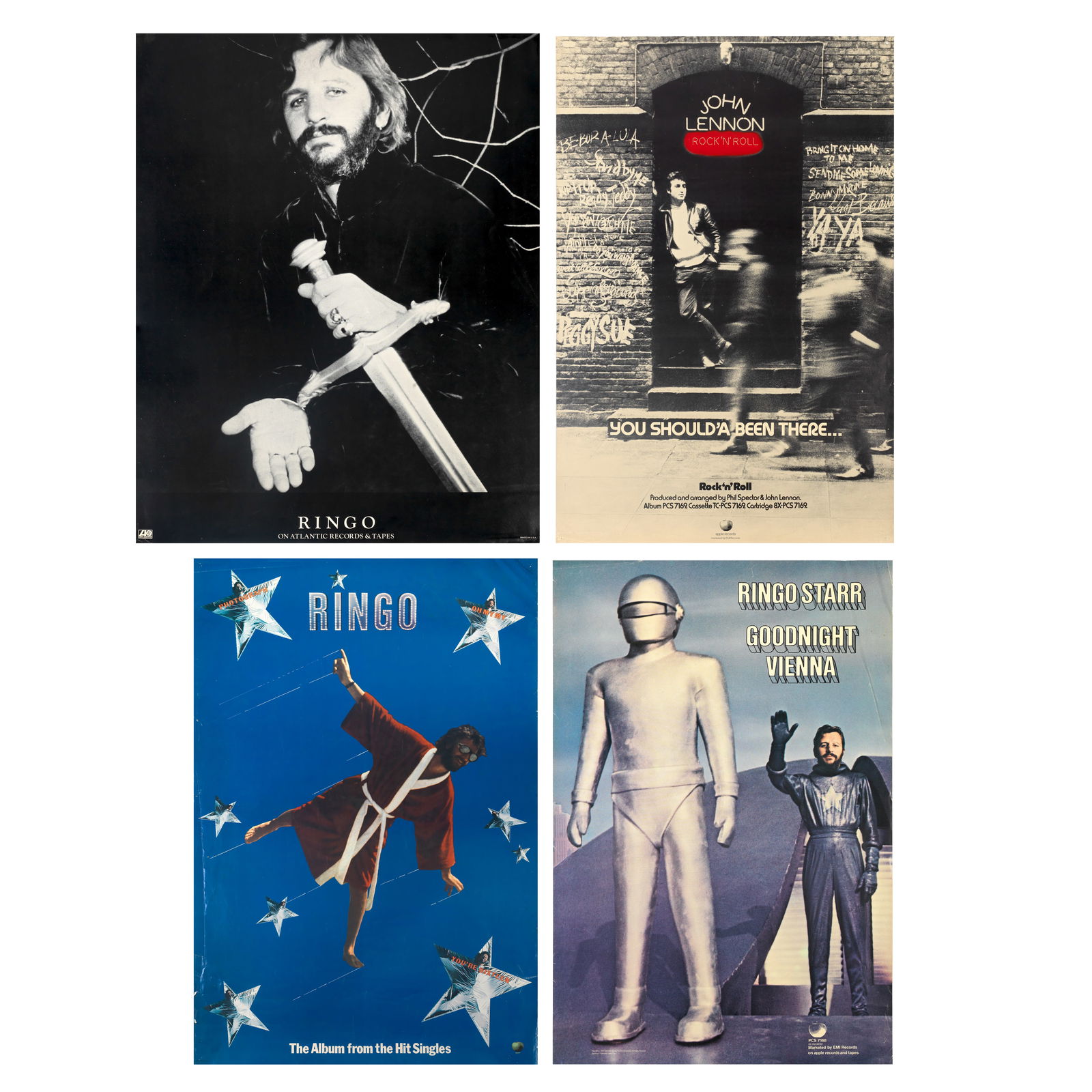 The Beatles: A Group of Posters, 1970s-00s, 12: The Beatles: A Group of Posters,1970s-00s,comprising; a poster for Ringo Starr Goodnight Vienna; a poster for Ringo the album from the Hit Singles; a poster for The Beatles' last USA concert; a German