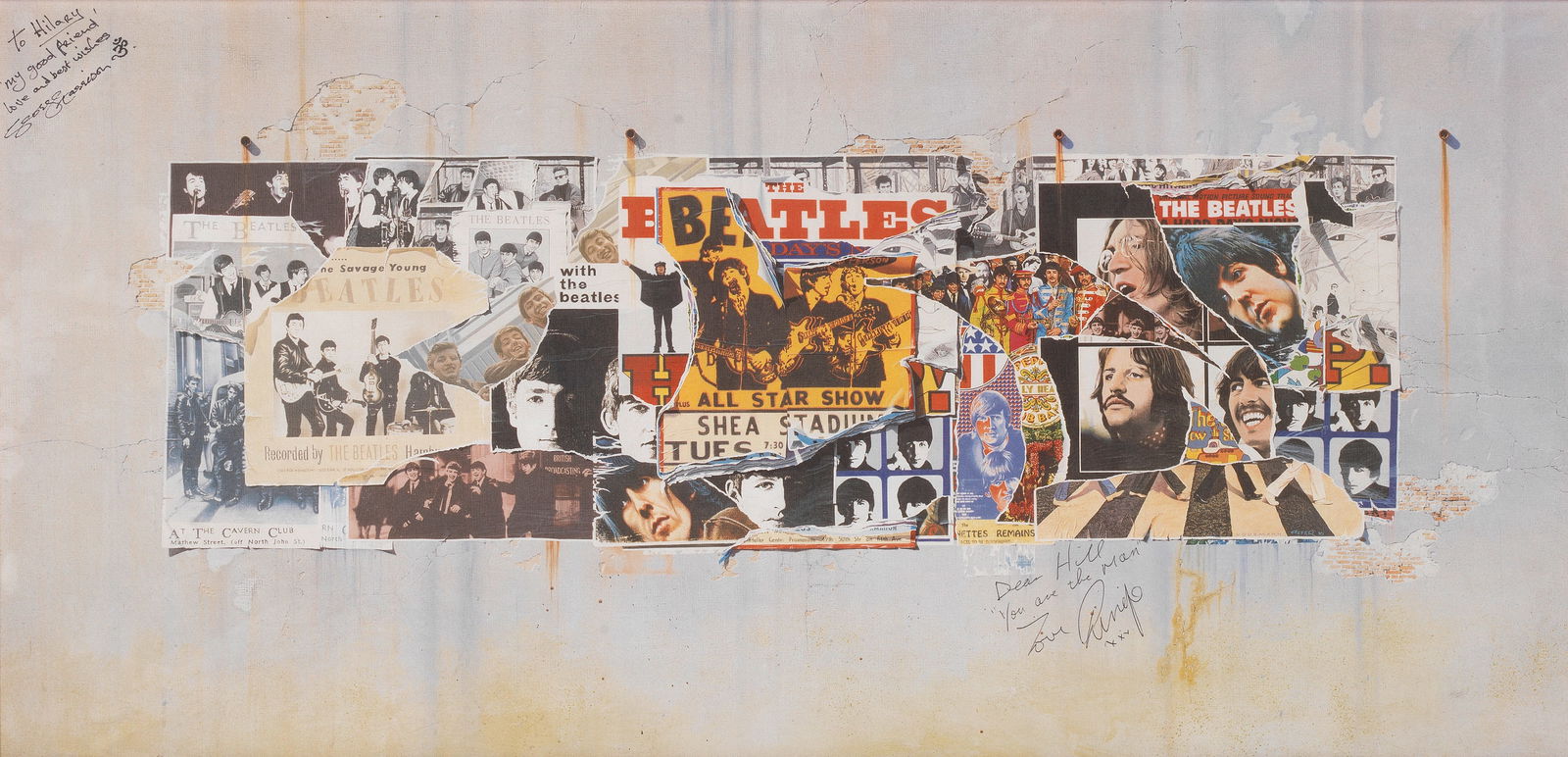 The Beatles: A Klaus Voormann Beatles Anthology Print Signed And Inscribed By George Harrison An...: The Beatles: A Klaus Voormann Beatles Anthology Print Signed And Inscribed By George Harrison And Ringo Starr,1990s,the art print reproducing the Anthology mural artwork by Klaus Voormann, signed and