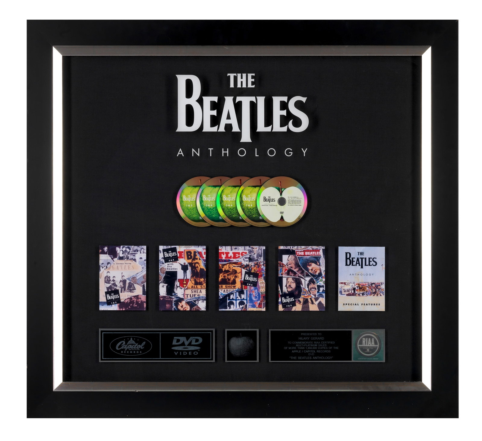 The Beatles: A 'Multi-Platinum' Disc Award For The Series Anthology, 2003,: The Beatles: A 'Multi-Platinum' Disc Award For The Series Anthology,2003,RIAA-certified 13x Platinum DVD award for the 1995/96 TV Series, with presentation plaque reading Presented to Hilary Gerrard t