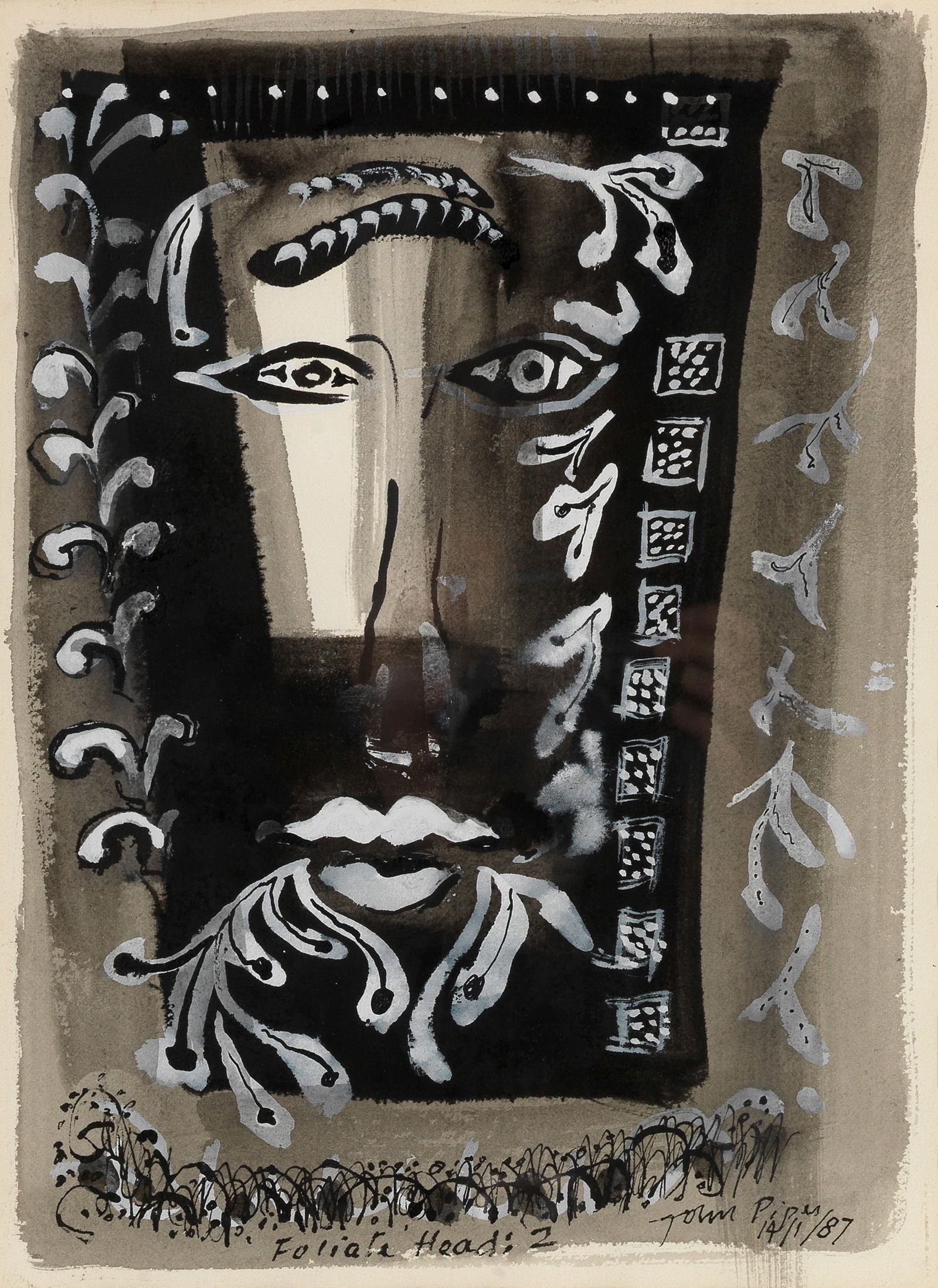 John Piper C.H. (British, 1903-1992) Foliate Head: 2: John Piper C.H. (British, 1903-1992)Foliate Head: 2 signed and dated 'John Piper/14/1/87' (lower right), titled 'Foliate Head: 2' (lower centre)pen and ink, ink and gouache on paper33 x 24cm (13 x 9 7
