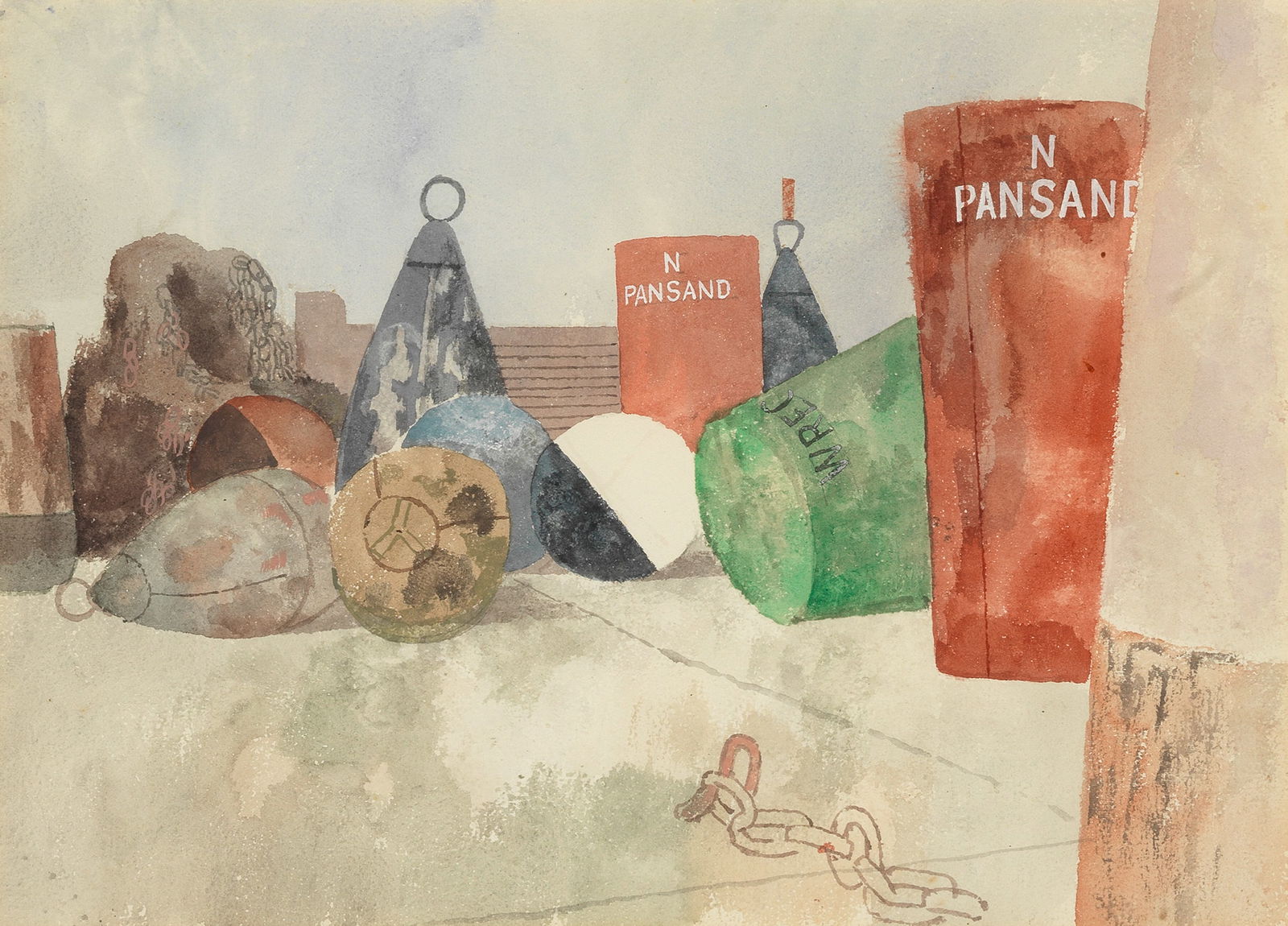 Reginald Brill (British, 1902-1974) Study of Buoys: Reginald Brill (British, 1902-1974)Study of Buoys watercolour on paper24 x 34cm (9 7/16 x 13 3/8in).Footnotes:ProvenanceWith The Phoenix Gallery, Lavenham, where acquired by the family of the present