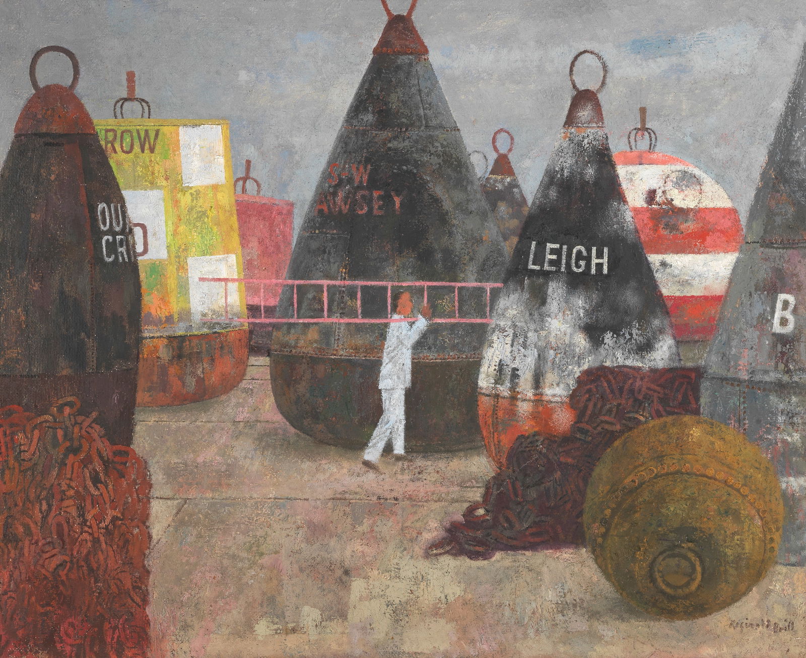 Reginald Brill (British, 1902-1974) The Buoys: Reginald Brill (British, 1902-1974)The Buoys signed 'Reginald Brill' (lower right)oil on board59 x 72cm (23 1/4 x 28 3/8in).Footnotes:ProvenanceWith The Phoenix Gallery, Lavenham, where acquired by th