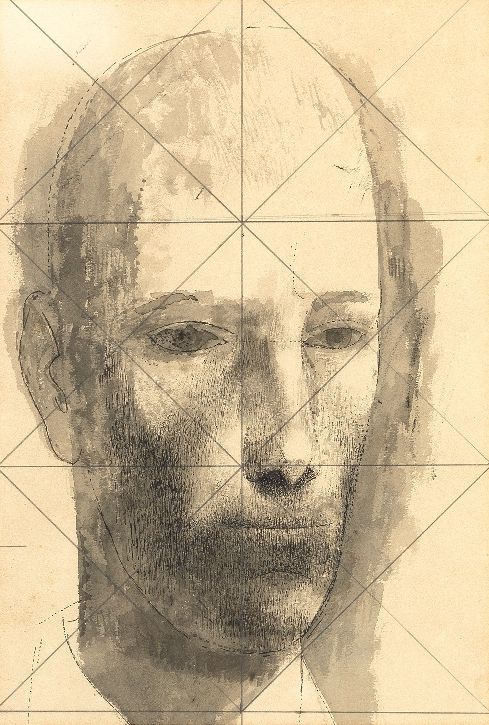 Reginald Brill (British, 1902-1974) Workman's Head: Reginald Brill (British, 1902-1974)Workman's Head pencil, pen and ink and wash on paper, squared for transfer32.5 x 21.5cm (12 13/16 x 8 7/16in).Footnotes:ProvenanceWith The Phoenix Gallery, Lavenham,